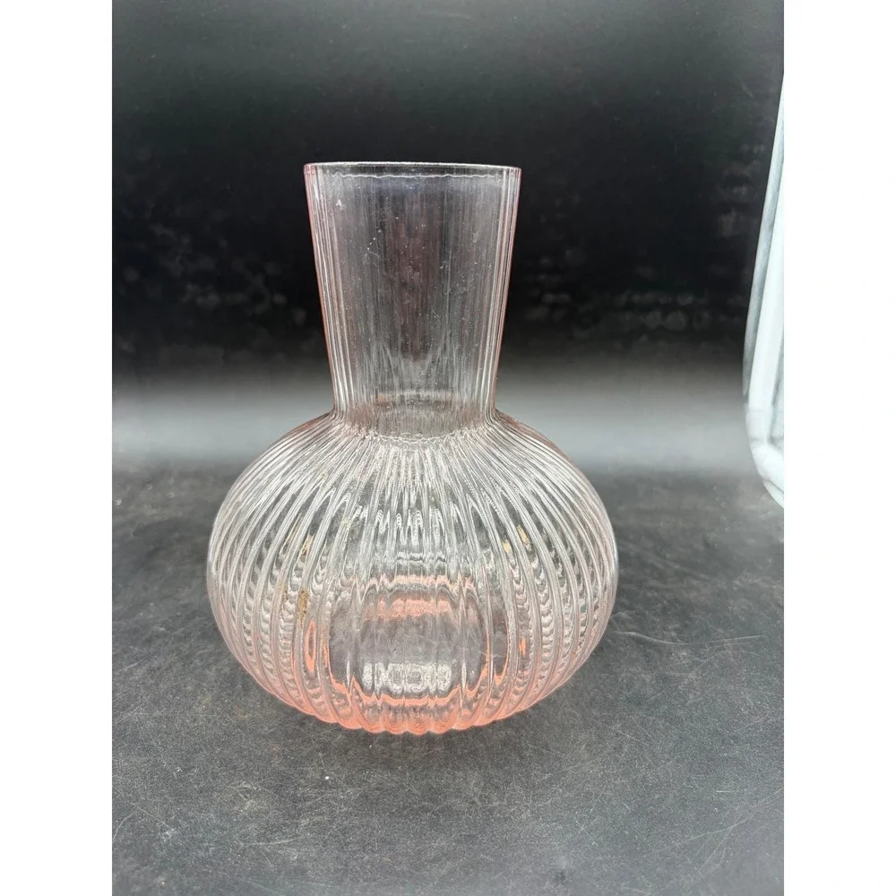 Vintage Pink Ribbed Glass Vase Bulbous Round Base Tapered Neck Decorative Decor